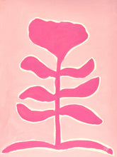Load image into Gallery viewer, A bright and happy botanical silhouette painting. There is a bold pink flower with a white outline on a blush pink background. This is a preppy floral painting