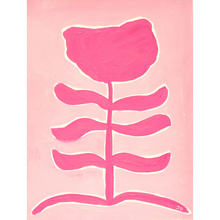 Load image into Gallery viewer, Pink funky flower silhouette on a lighter pink outline with a white border around the flower. This peppy floral painting is vertical.