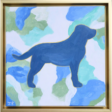 Load image into Gallery viewer, Labrador is a colorful Labrador Retriever silhouette painted blue with a gold outline on an abstract background. This background has shades of blue, green, aqua and white. It comes in a gold float frame. This is a square painting on canvas. This is a fun pop art style painting.