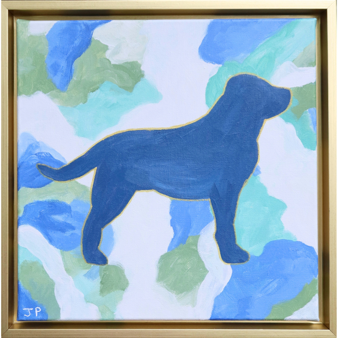 Labrador is a colorful Labrador Retriever silhouette painted blue with a gold outline on an abstract background. This background has shades of blue, green, aqua and white. It comes in a gold float frame. This is a square painting on canvas. This is a fun pop art style painting.