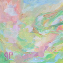 Load image into Gallery viewer, Rainbow swirl is a colorful abstract painting on a square canvas. This artwork has shades of green, yellow, white, gold, pink, coral and blue. Mini 5x5 colorful abstract painting on canvas with pink, green, yellow, blue, gold, and white. Small shelf sitter artwork by Jeanne Player Fine Art."