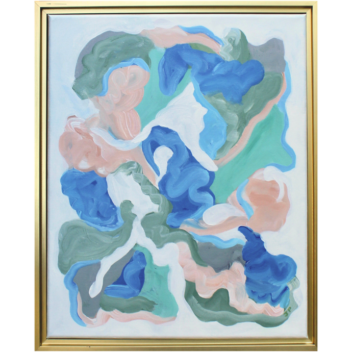 Reef is an abstract coastal painting inspired by coral reefs. This colorful painting measures 16 x 20 inches and comes in a gold float frame.   It has shades of green, gray, white, peach and blue. This abstract artwork can hang either vertically or horizontally.