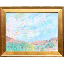 Load image into Gallery viewer, Rocky Mountain is an abstract mountain landscape painting on canvas. This colorful artwork has peach and brown mountain tops with pops of green and yellow grass. This sky has blue background with white clouds. There are shades of green, brown, yellow and peach in the clouds.