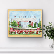 Load image into Gallery viewer, Colorful giclée art print of Saban Field at Bryant Denny Stadium, featuring bold brushstrokes and vibrant tones, celebrating Alabama football. Perfect for Crimson Tide fans, University of Alabama graduates, and SEC sports lovers. 11x14 inch unframed print signed by artist Jeanne Player.