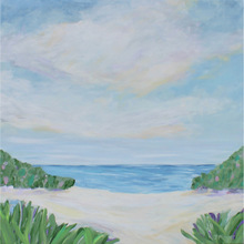 Load image into Gallery viewer, A colorful abstract coastal artwork on canvas. This original painting has blues, greens, purples, white, tan, yellow and pink. There are lush green plants with a beach and the ocean with beautiful highlights in the clouds.