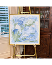 Load image into Gallery viewer, Sea Glass Garden – Original Coastal Abstract Painting | Blue Green Floral Wall Art in Gold Float Frame (24x24)