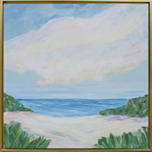 Load image into Gallery viewer, A beautiful and calming beach abstract painting on canvas. This coastal scene has lush greenery an ocean and colorful clouds above. It has shades of green, white, tan, purple, pink, blue and white. It is a square beach scene