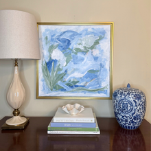 Load image into Gallery viewer, Sea Glass Garden – Original Coastal Abstract Painting | Blue Green Floral Wall Art in Gold Float Frame (24x24)