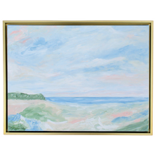 Load image into Gallery viewer, Sea Salt is a peaceful original coastal painting on canvas. This colorful and wispy beach scene has shades of blue, white, tan, green, pink and coral. It is in a horizontal gold float frame.