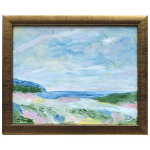 Load image into Gallery viewer, Seaside Serenity is an abstract coastal painting on canvas. This colorful painting has shades of blue, green, pink, coral, white and yellow. It is horizontal painting in a champagne colored frame. It has a beautiful soft color palette.