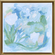 Load image into Gallery viewer, Original blue green abstract painting on canvas in a gold frame measuring 12 x 12 inches.