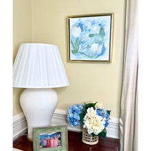 Load image into Gallery viewer, Pastel abstract floral painting on canvas with dreamy layered brushstrokes and calming coastal colors framed in gold.