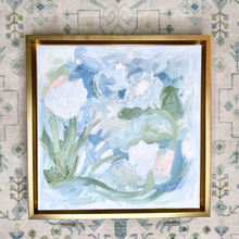 Load image into Gallery viewer, Small framed abstract painting inspired by coastal landscapes featuring expressive movement and calming ocean-inspired colors.