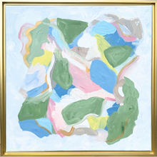 Load image into Gallery viewer, Secret Garden is a colorful square abstract painting on canvas. It has shades of blue, green, tan, blush, rose, yellow, gold and brown with a white/blue background.