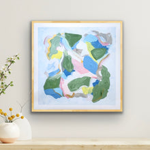 Load image into Gallery viewer, Square abstract art print titled "Secret Garden" featuring a harmonious blend of green, blue, blush, tan, gold, and white tones with soft, layered brushstrokes and organic movement. Modern, colorful, and nature-inspired wall art perfect for sophisticated interiors.