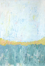 Load image into Gallery viewer, Vertical abstract painting on paper with white at the top, blue-green at the bottom, and a textured yellow and pink band across the middle. Artwork features soft coastal colors in blue, green, white, pink, and yellow with a minimalist, modern design