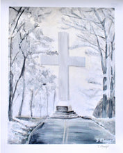 Load image into Gallery viewer, Sewanne Memorial Cross is a giclee print on paper. This monochrome print features a cross in a winter landscape. It is a snowy scene with trees lining the side of the road leading to the cross. This is a memorial cross in Sewanee, TN. The Univeristy of the South. This print is signed by the artist Jeanne Player