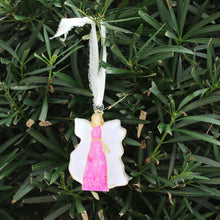 Load image into Gallery viewer, Shatterproof angel ornament with 3D look, hanging with raw silk ribbon