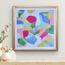 Load image into Gallery viewer, Colorful abstract giclée art print titled 'Soirée' featuring shades of pink, coral, blue, green, yellow, and white with painterly brushstrokes, signed in gold ink by the artist Jeanne Player. Perfect for modern gallery walls, dorm rooms, or nursery decor.