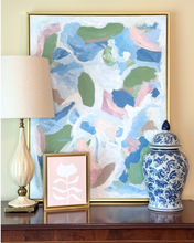 Load image into Gallery viewer, Traditionnal Decorative style with abstract art, lamp, and ginger jar on a shelf and pink and white floral art.