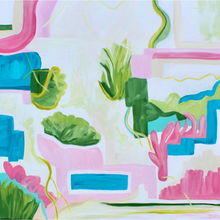 Load image into Gallery viewer, South Beach is a colorful abstract painting on a gallery wrapped canvas. This oversized piece of art measures 40 x 40 inches.  It has bright and happy shades of pink, tan, green, red, teal, white and tan. It was inspired by the happy colors of South Beach, Florida.