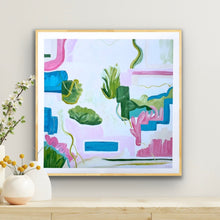 Load image into Gallery viewer, South Beach vibrant coastal abstract giclĂ©e art print in pink, blue, green, and white by Jeanne Player â square modern wall art for beach house, nursery, dorm room, or living room decor.