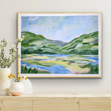 Load image into Gallery viewer, Horizontal giclée art print depicting an abstract landscape with green meadows, blue and yellow hues, distant mountains, and flowing streams under a soft sky.