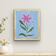 Load image into Gallery viewer, Stargazer Lily Floral art print. Vertical 11x14 inch giclée art print of pink stargazer lily blooms with green leaves outlined in white on a blue background, designed by Jeanne player.  Perfect for a dorm room art, girls bedroom art, nursery art for girls, living room art print.