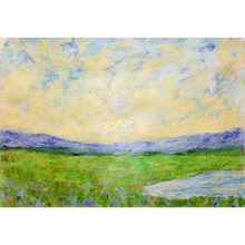 Load image into Gallery viewer, Sunrise I is an abstract landscape painting on paper. This mini artwork is horizontal. It has a green field with a blue pond. Blue mountain range in the background and an abstract sunrise with shades of white, yellow, green and blue. The sky has a touch of pink. These colors are also reflected in the ponds water and there are small blue flowers in the front.