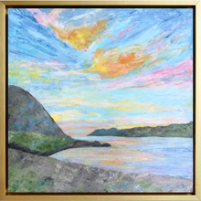 Load image into Gallery viewer, Original abstract coastal sunset painting in gold float frame, 24x24 inches. Framed acrylic landscape with vivid sunset over water in blue, orange, pink tones.
Modern abstract seascape inspired by Larsen Bay, Alaska, with rich color and texture.