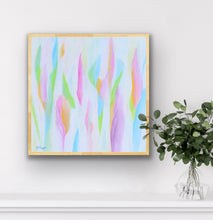 Load image into Gallery viewer, Bright and happy abstract giclée art print titled 'The Colors of Summer' featuring vibrant brushstrokes in pink, yellow, blue, green, and white. A modern, square print signed by artist Jeanne Player, perfect for dorm rooms, nurseries, bedrooms, or colorful gallery walls.