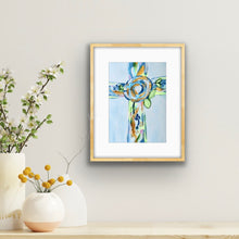 Load image into Gallery viewer, The Hope Cross is a colorful abstract floral cross with shades of blue, green, white and gold. It has a floral pattern. This is a vertical print. It would be beautiful in a girls bedroom, nursery, office, dorm room, apartment or anywhere you want Christian inspiration.