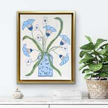 Load image into Gallery viewer, Modern floral painting with flowing stems and stylized blooms, gold float frame artwork