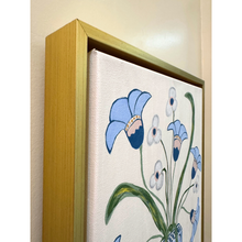 Load image into Gallery viewer, Unique original floral artwork with soft blue petals and green foliage, framed canvas art