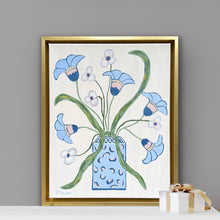 Load image into Gallery viewer, Unique original floral artwork with soft blue petals and green foliage, framed canvas art.