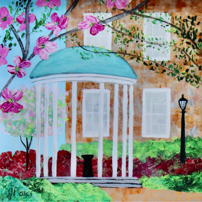 UNC Old Well Acrylic Block art. This is a spring time print on a square free standing acrylic block at The University of North Carolina at Chapel Hill.