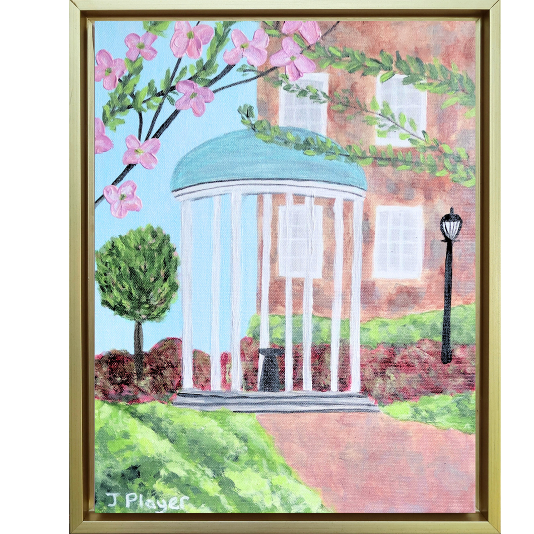 UNC Old Well is an original abstract landscape painting on canvas. This painting has springtime colors with flowering azaleas,  and dogwoods.  There is a building behind the old well and a lamp post on the side with a brick walkway to the old well at The University of North Carolina Chapel Hill.