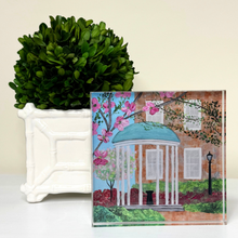 Load image into Gallery viewer, UNC Old Well acrylic block art by Jeanne Player, featuring the iconic University of North Carolina at Chapel Hill landmark in a freestanding 5.5-inch display.