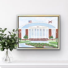 Load image into Gallery viewer, Alabama basketball inspired original art featuring Coleman Coliseum in Tuscaloosa with bright southern colors, detailed architecture, and officially licensed Crimson Tide decor styling.