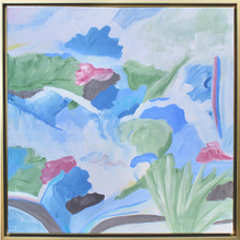 Load image into Gallery viewer, Walk With Me, is an abstract coastal painting of stretched canvas. This colorful painting measures 24 x 24 inches and comes in a gold float frame. It has shades of blue, green, brown, pink, red, and white with a touch of yellow.
