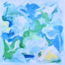 Load image into Gallery viewer, Colorful coastal painting reproduced into a tray insert. This square design has shades of blue, green, yellow and white.
