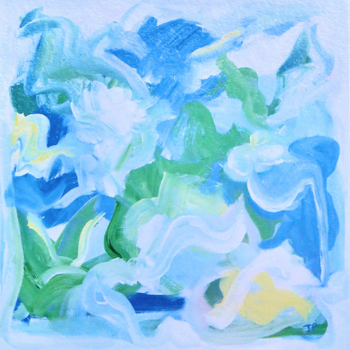 Colorful coastal painting reproduced into a tray insert. This square design has shades of blue, green, yellow and white.