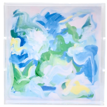 Load image into Gallery viewer, Colorful coastal abstract acrylic tray. This square tray has handles and is made of clear acrylic. The abstract design insert has shades of blue, green, yellow and white.