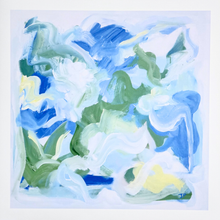 Load image into Gallery viewer, Square coastal abstract art print with blue, green, white, and yellow tones on paper, titled Water’s Edge. Unframed giclée print perfect for coastal and beach inspired interiors.  Available in multiple sizes.