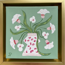 Load image into Gallery viewer, Original whimsical floral still life painting with pink and white flowers in gold float frame