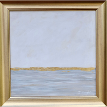 Load image into Gallery viewer, Winter Sea is a modern and contemporary artwork on canvas. This square painting is in a champagne colored frame. It  has an off white sky with a gray bottom that has shades of white and gold. There is a gold leaf line that goes through the middle of the artwork.
