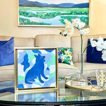 Load image into Gallery viewer, abstract German Shepherd dog painting in a gold float frame with vibrant contemporary colors.