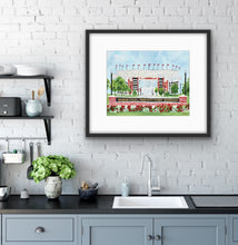 Load image into Gallery viewer, University of Alabama football art print featuring Saban Field at Bryant-Denny Stadium, a colorful graduation gift for Bama students and alumni.