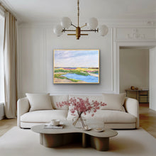 Load image into Gallery viewer, Low Country coastal abstract landscape art print featuring soft blue, green, yellow, blush pink, tan, and white hues inspired by the peaceful Southern marshes, perfect for beach house and coastal home décor.