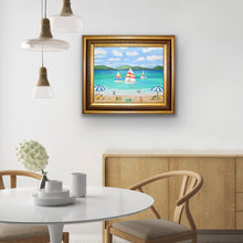 Load image into Gallery viewer, Beach Vacation original coastal wall art ready to hang featuring whimsical beach scenes, tropical islands, sailboats, and colorful seaside details.